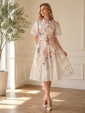 White Orange Floral Midi Dress
